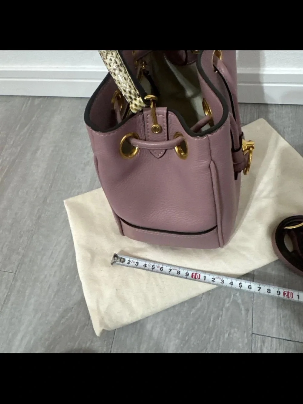 Mulberry Mauve Leather Drawstring Bucket Bag with Braided Handle